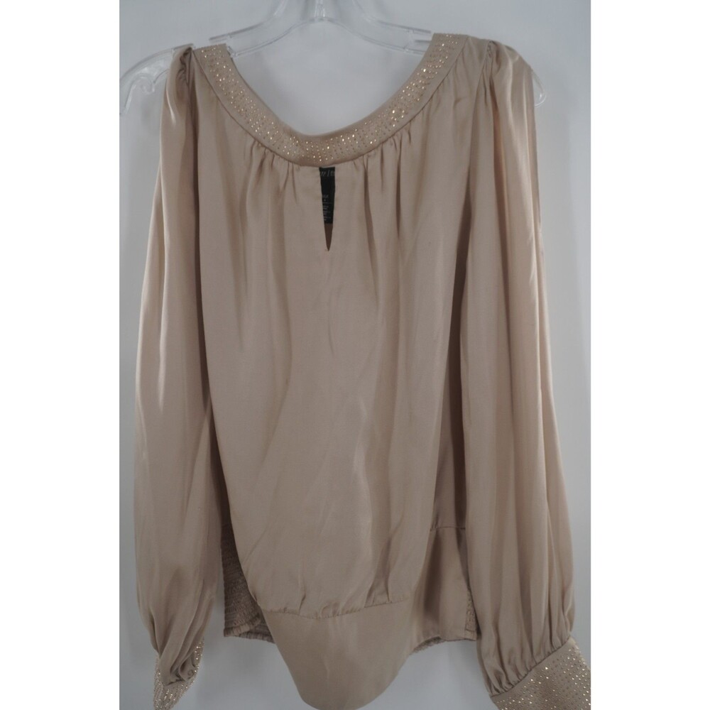 White House Black Market Beige Embellished Long Sleeve Keyhole silk Blouse Sz 6
